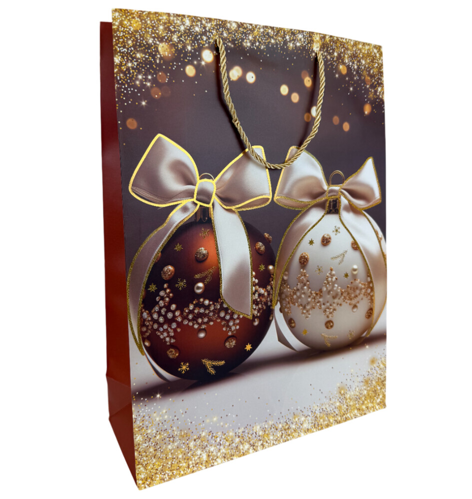 Пакет подарочный бум. НГ 23х18х10см  Новогодний  ёлочные игрушки ассорт.