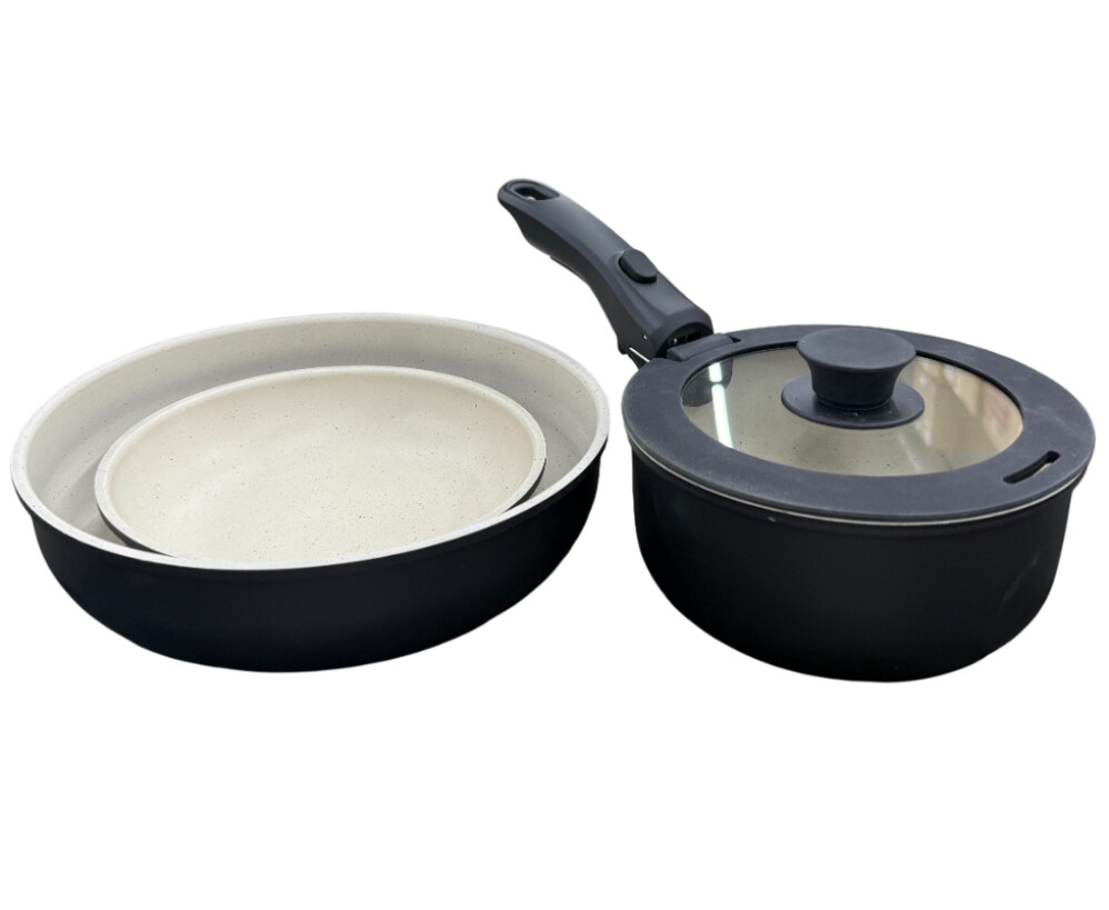 Комплект посуды (н-р 3пр.): сковорода 20см 26см, кастрюля 2л с крышкой; съемн.ручка, индукция,черн